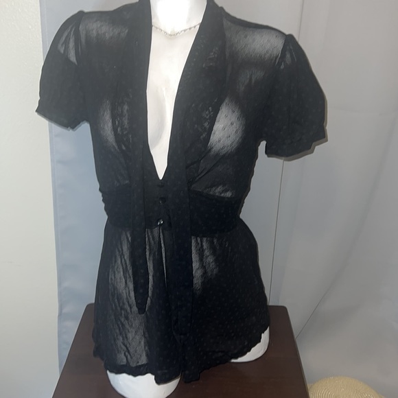 Women’s black sheer polka dot blouse with tie strings on the neck for bow - Picture 4 of 13
